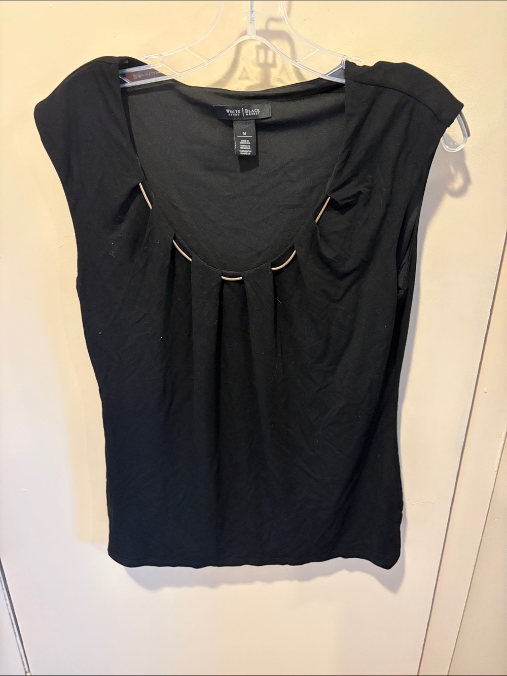 White House Black Market Black Pleated Scoop-Neck Cap Sleeve Top